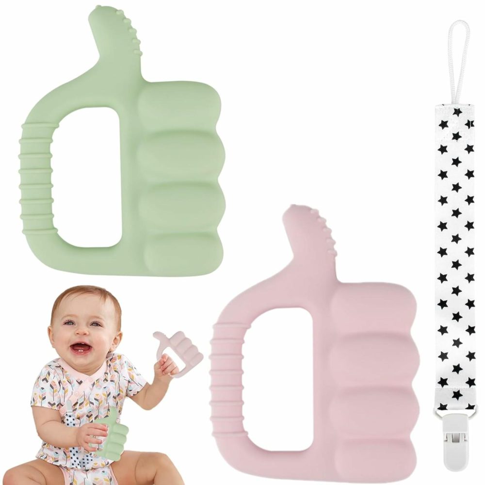 Textured Thumb Up Silicone Teether 2 Pack-Sensory Exploration And Teething Relief With Easy To Hold Handle  Cute Infant Shower Gift Chew Toy For Babies (Pink & Green)  |  Teethers All Toys Pink & Green