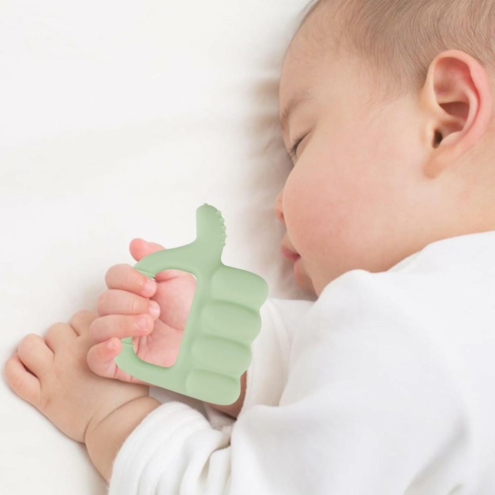 Textured Thumb Up Silicone Teether 2 Pack-Sensory Exploration And Teething Relief With Easy To Hold Handle  Cute Infant Shower Gift Chew Toy For Babies (Pink & Green)  |  Teethers All Toys Pink & Green