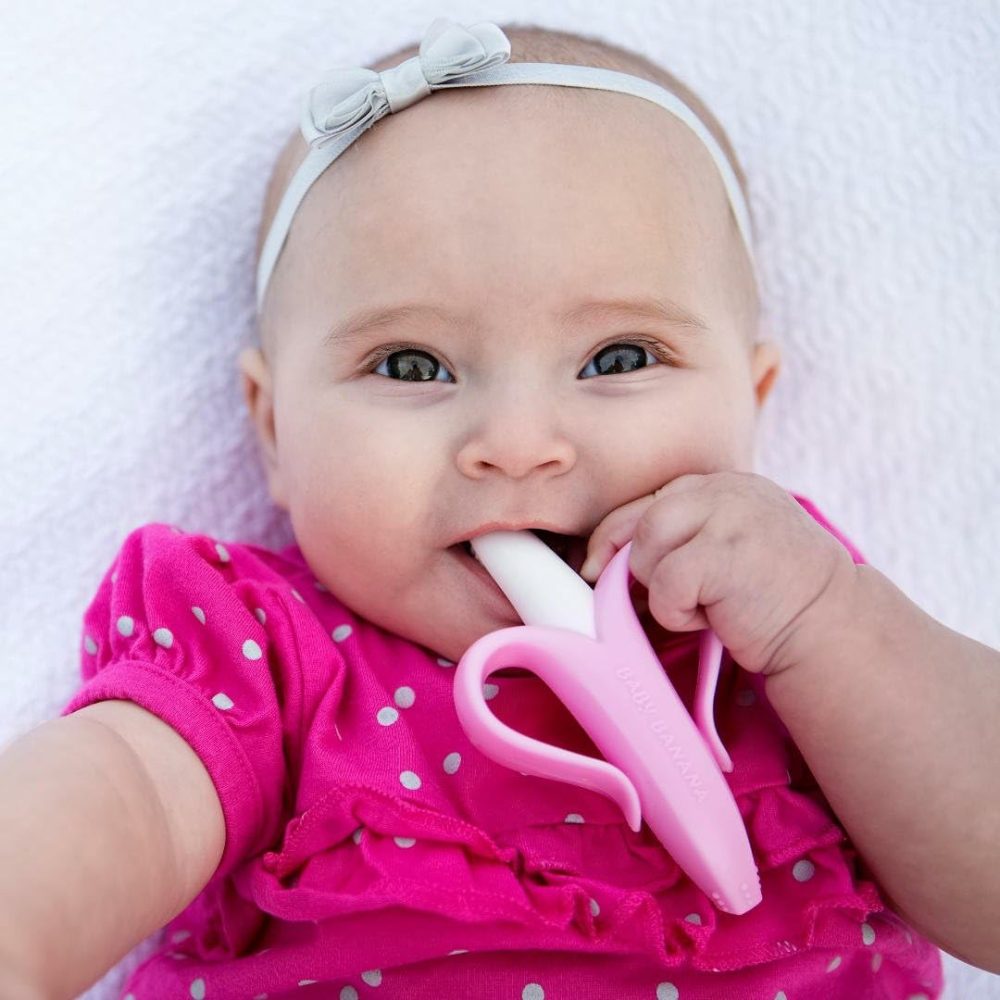 The Original Toothbrush Training Teether Toy  For Babies Infants Toddlers; Teething Relief For Sore Gums  Massaging Soothing; Safest Food Grade Silicone; Usa Family-Owned Business  |  Teethers All Toys Pink Banana