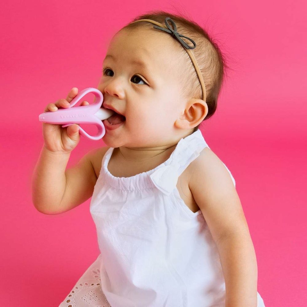 The Original Toothbrush Training Teether Toy  For Babies Infants Toddlers; Teething Relief For Sore Gums  Massaging Soothing; Safest Food Grade Silicone; Usa Family-Owned Business  |  Teethers All Toys Pink Banana