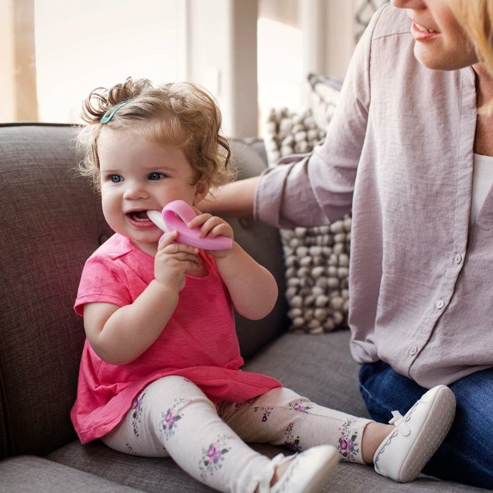 The Original Toothbrush Training Teether Toy  For Babies Infants Toddlers; Teething Relief For Sore Gums  Massaging Soothing; Safest Food Grade Silicone; Usa Family-Owned Business  |  Teethers All Toys Pink Banana