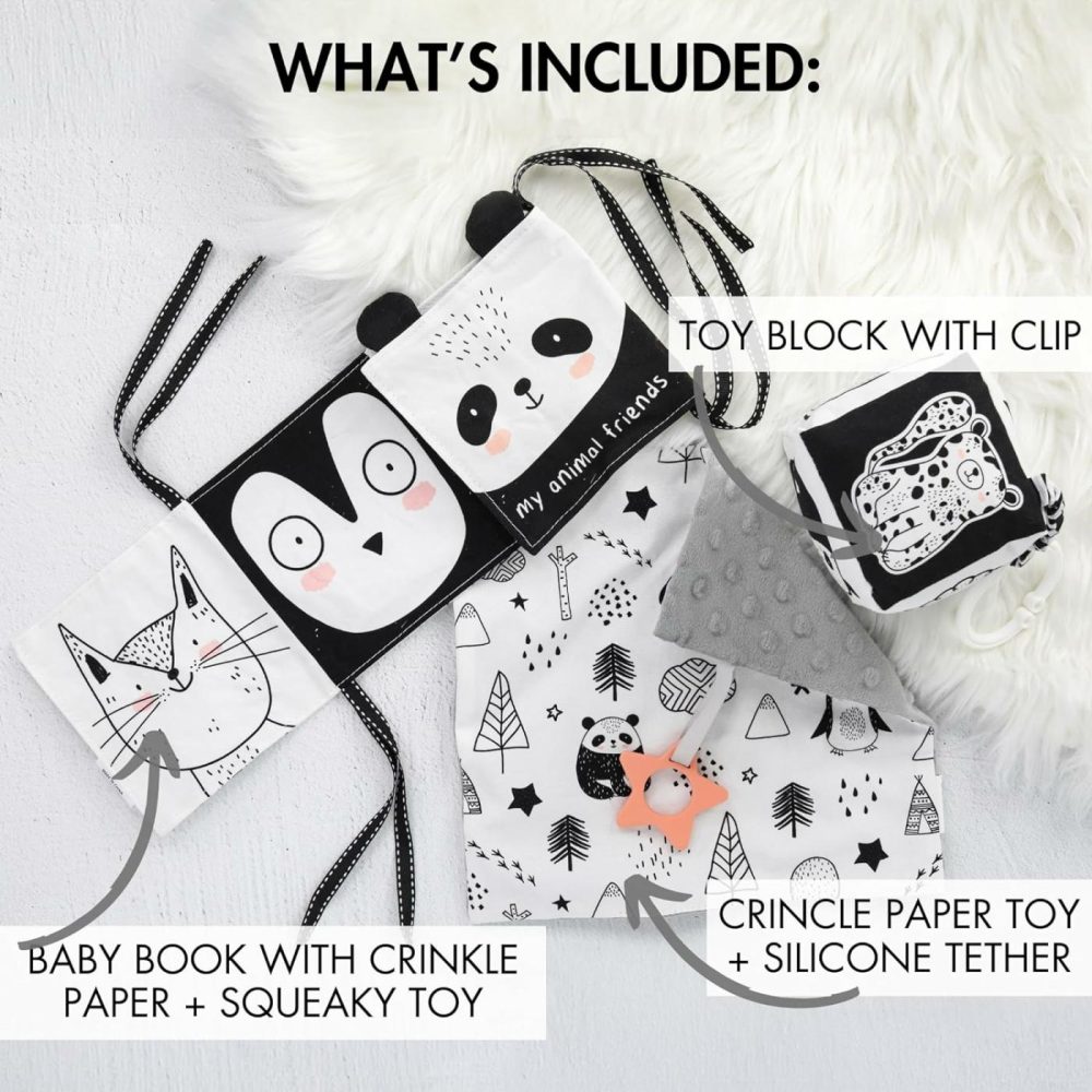 The Ultimate Tummy Time Toys Set Of 3 – Soft High Contrast Book  Toy Block  Crinkle Paper And Teether – Stimulating Black & White Sensory Development Toys For Newborns & Infants 0-3  0-6 Months  |  Rattles & Plush Rings All Toys Rattles & Plush Rings