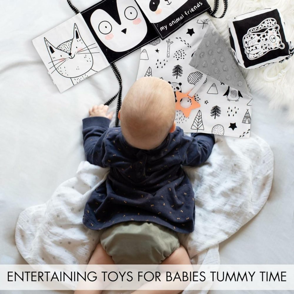 The Ultimate Tummy Time Toys Set Of 3 – Soft High Contrast Book  Toy Block  Crinkle Paper And Teether – Stimulating Black & White Sensory Development Toys For Newborns & Infants 0-3  0-6 Months  |  Rattles & Plush Rings All Toys Rattles & Plush Rings