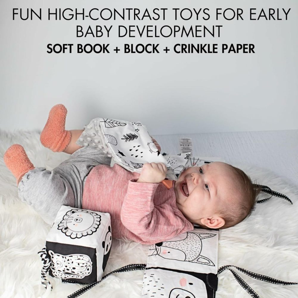 The Ultimate Tummy Time Toys Set Of 3 – Soft High Contrast Book  Toy Block  Crinkle Paper And Teether – Stimulating Black & White Sensory Development Toys For Newborns & Infants 0-3  0-6 Months  |  Rattles & Plush Rings All Toys Rattles & Plush Rings