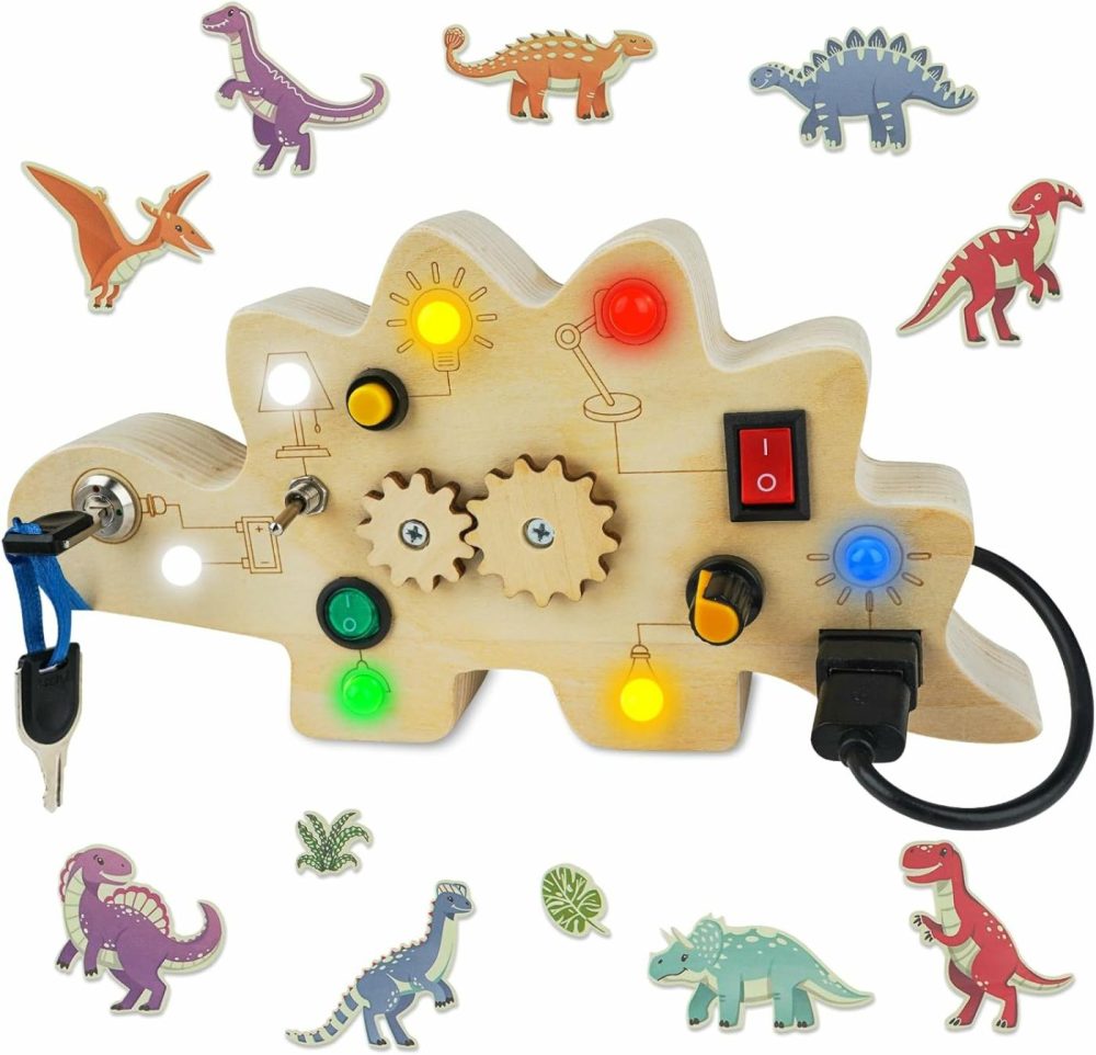 Toddler Busy Board  Montessori Toys For 1-3 + Year Old Baby  Wooden Busy Board With Led Light  Dinosaur Toddler Toys Sensory Toys Travel Toys For Age 1 2 3 + Boy Girl Birthday Gift  |  Sorting & Stacking Toys All Toys Sorting & Stacking Toys