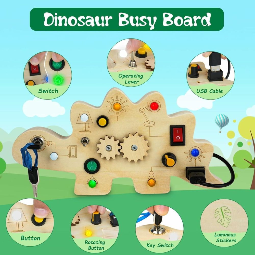 Toddler Busy Board  Montessori Toys For 1-3 + Year Old Baby  Wooden Busy Board With Led Light  Dinosaur Toddler Toys Sensory Toys Travel Toys For Age 1 2 3 + Boy Girl Birthday Gift  |  Sorting & Stacking Toys All Toys Sorting & Stacking Toys