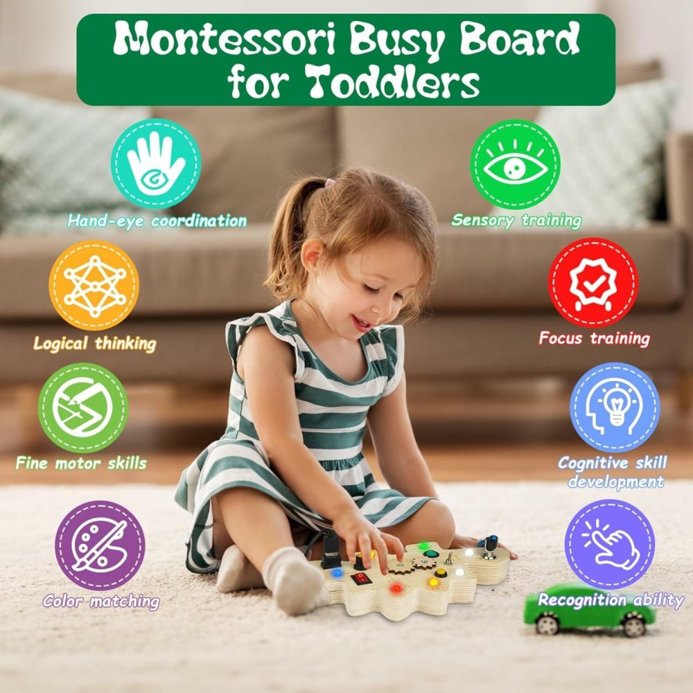 Toddler Busy Board  Montessori Toys For 1-3 + Year Old Baby  Wooden Busy Board With Led Light  Dinosaur Toddler Toys Sensory Toys Travel Toys For Age 1 2 3 + Boy Girl Birthday Gift  |  Sorting & Stacking Toys All Toys Sorting & Stacking Toys