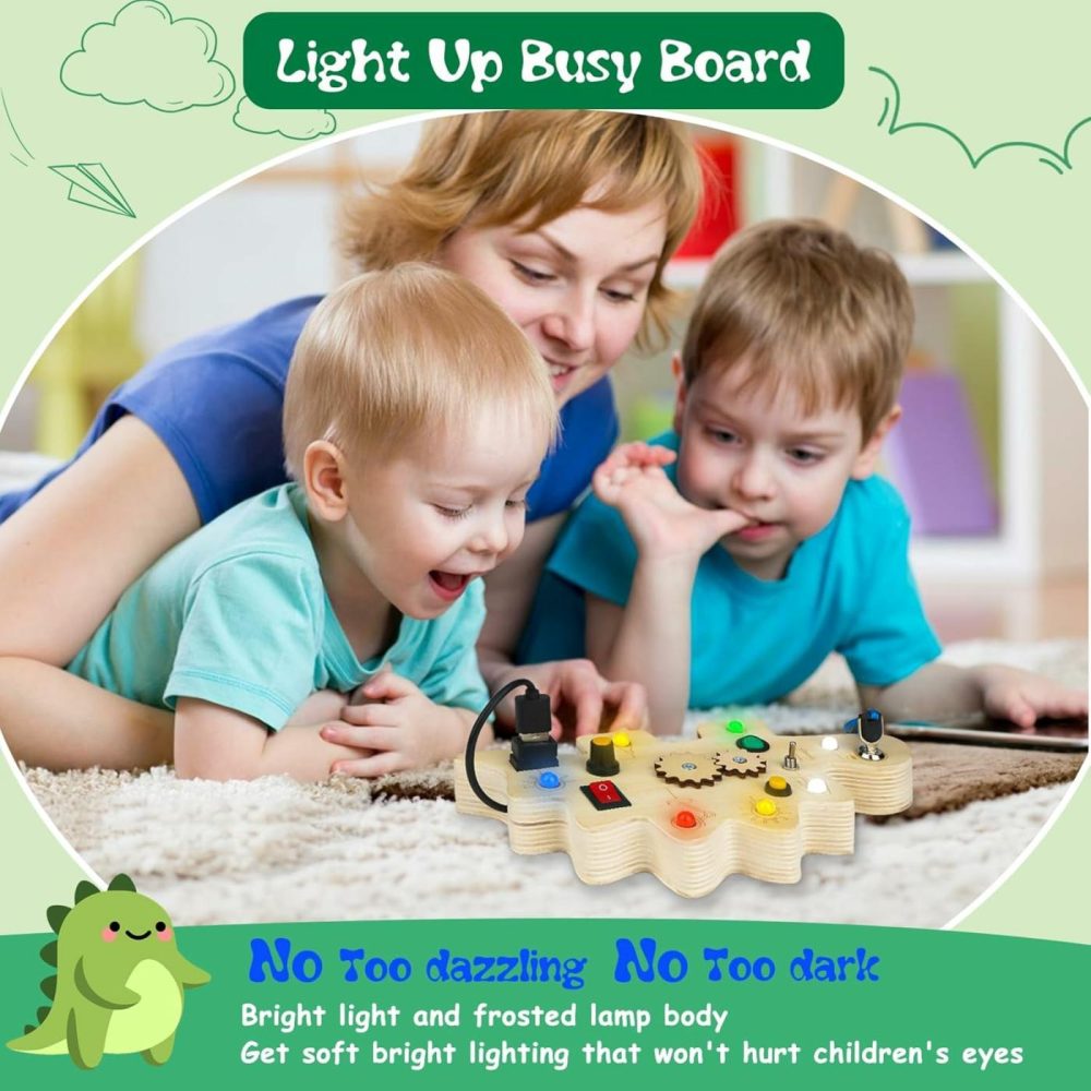 Toddler Busy Board  Montessori Toys For 1-3 + Year Old Baby  Wooden Busy Board With Led Light  Dinosaur Toddler Toys Sensory Toys Travel Toys For Age 1 2 3 + Boy Girl Birthday Gift  |  Sorting & Stacking Toys All Toys Sorting & Stacking Toys