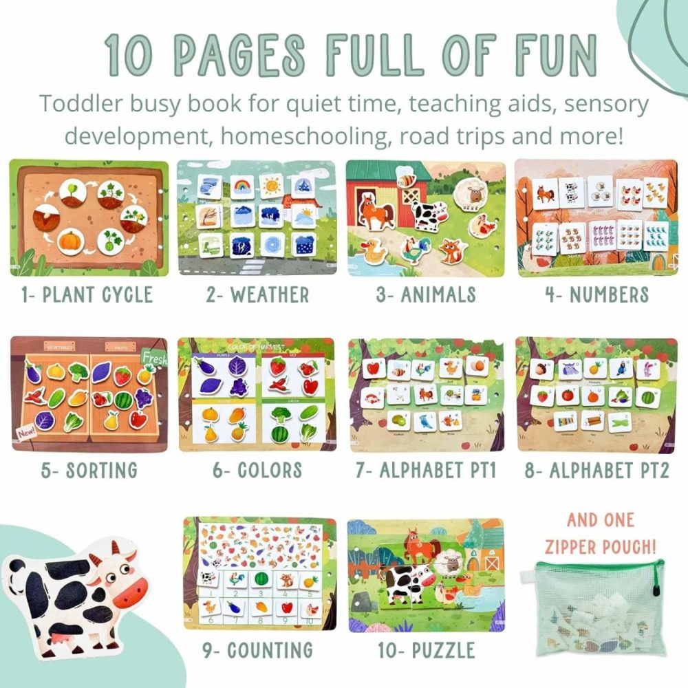 Toddler Busy Book For Toddlers 1-3 – Preschool Busy Book W/Zipper Pouch Activity Book For Toddlers 1-3 Farm Montessori Busy Book Road Trip Activities For Kids Toddler Travel Essential  |  Sorting & Stacking Toys All Toys Sorting & Stacking Toys