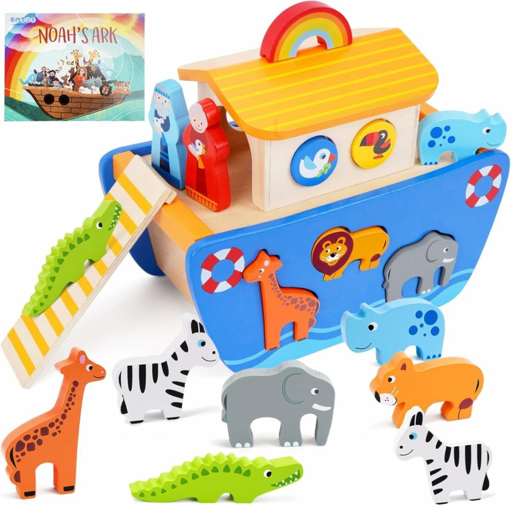 Toddlers Wooden Noah’s Ark Toy Animal Playset  Baptism Gifts For 1 2 3 Boys Girls  Shape Sorter Early Learning Montessori Toys With Bible Story Book For 12 18 24 Months Babies  |  Sorting & Stacking Toys All Toys Sorting & Stacking Toys