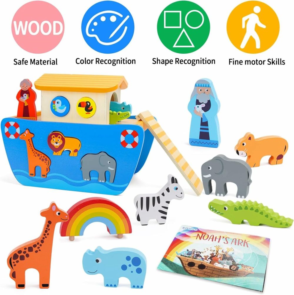 Toddlers Wooden Noah’s Ark Toy Animal Playset  Baptism Gifts For 1 2 3 Boys Girls  Shape Sorter Early Learning Montessori Toys With Bible Story Book For 12 18 24 Months Babies  |  Sorting & Stacking Toys All Toys Sorting & Stacking Toys