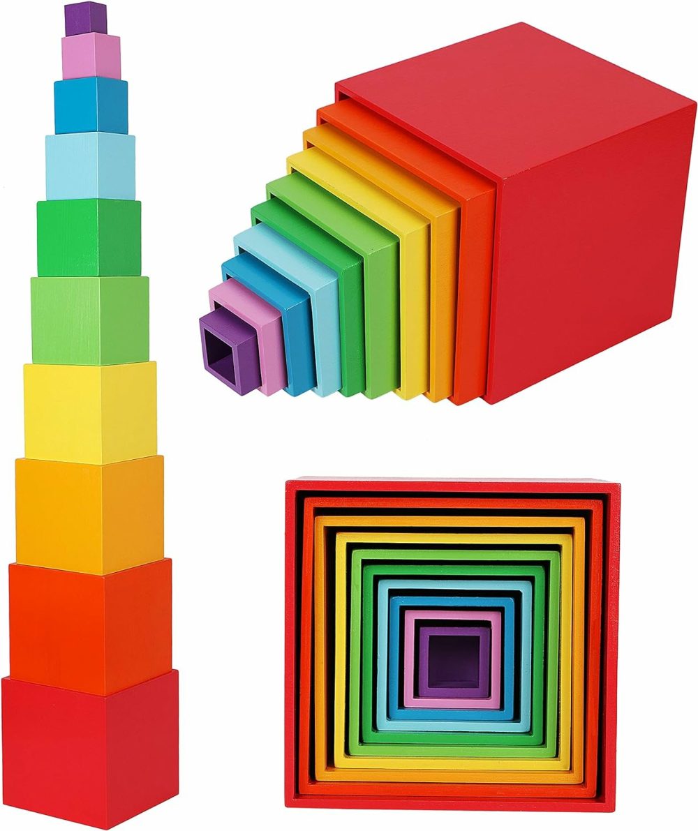 Towo Wooden Stacking Boxes Rainbow Colours-Nesting And Sorting Cups Blocks For Toddlers-Stacking Cubes Educational Learning Toys For 2 Years Old Montessori Materials  |  Sorting & Stacking Toys All Toys Rainbow Color