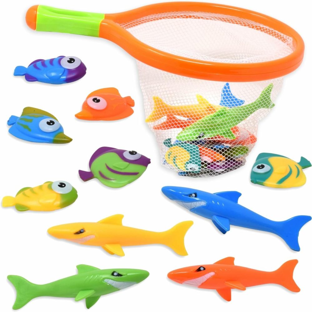 Toy Fishing Net For Bath | Bath Toys For Kids – Dive Game Small Sinking Fish  4 Sharks & 6 Fish Multicolored  |  Bath Toys All Toys Bath Toys