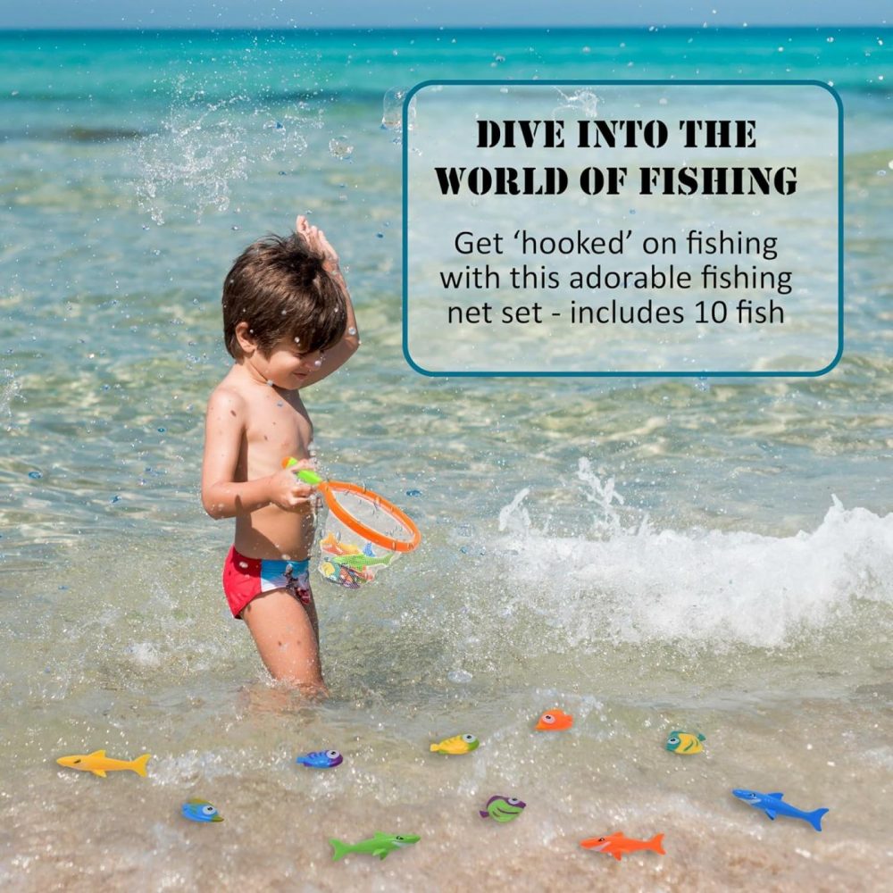 Toy Fishing Net For Bath | Bath Toys For Kids – Dive Game Small Sinking Fish  4 Sharks & 6 Fish Multicolored  |  Bath Toys All Toys Bath Toys