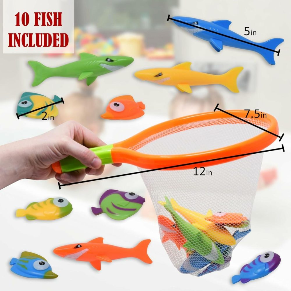 Toy Fishing Net For Bath | Bath Toys For Kids – Dive Game Small Sinking Fish  4 Sharks & 6 Fish Multicolored  |  Bath Toys All Toys Bath Toys