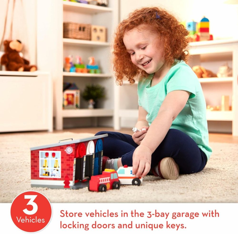 Toy Keys And Cars Wooden Rescue Vehicles And Garage (7 Pcs) Red  For 36 Months To 72 Months  |  Baby & Toddler Toys All Toys Baby & Toddler Toys