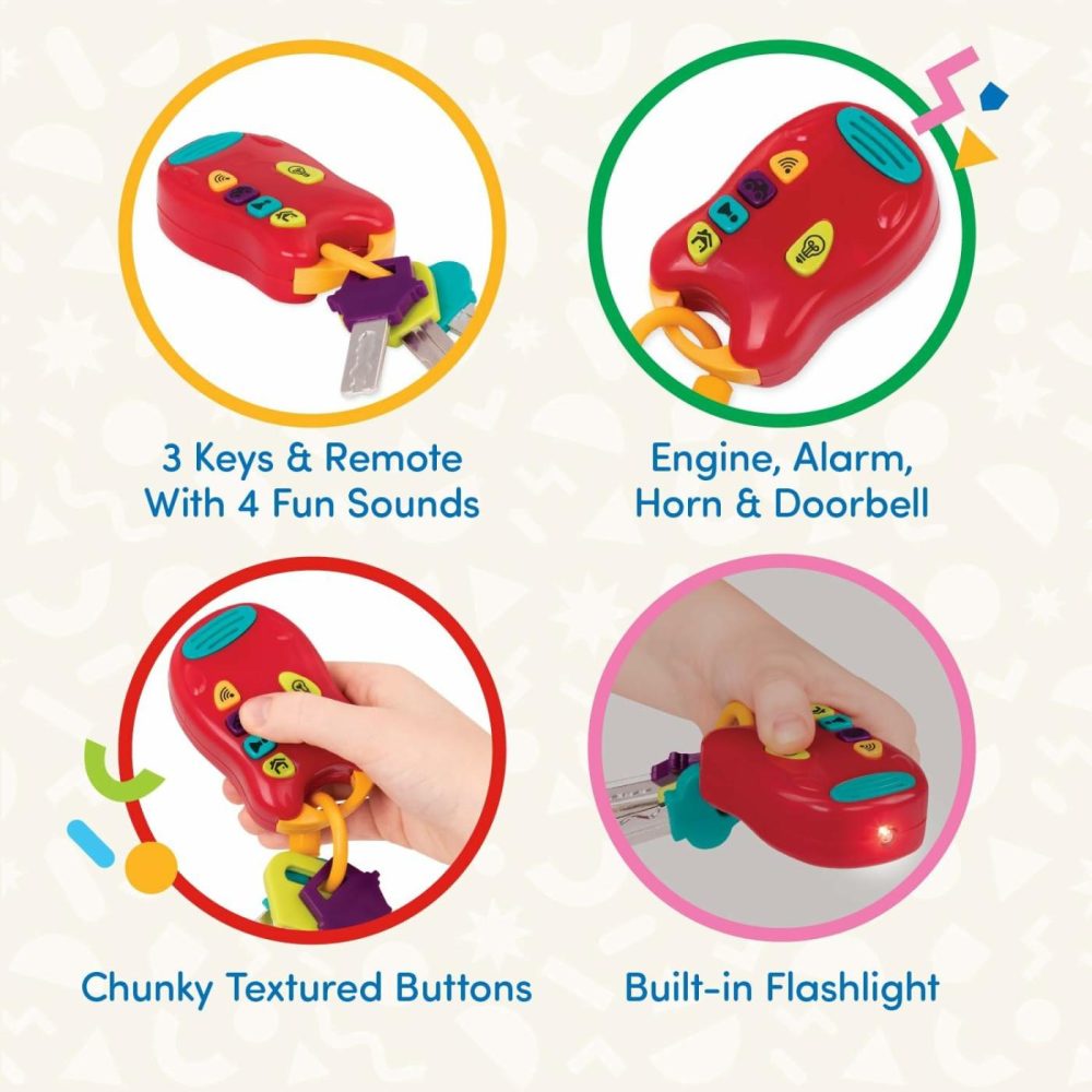 Toy Keys Set – 3 Keys & Remote With 4 Fun Sounds – Mini Flashlight – Toy Car Keys With Fob For Baby  Toddler – 10 Months + – Light & Sound Keys  Red  |  Musical Toys All Toys