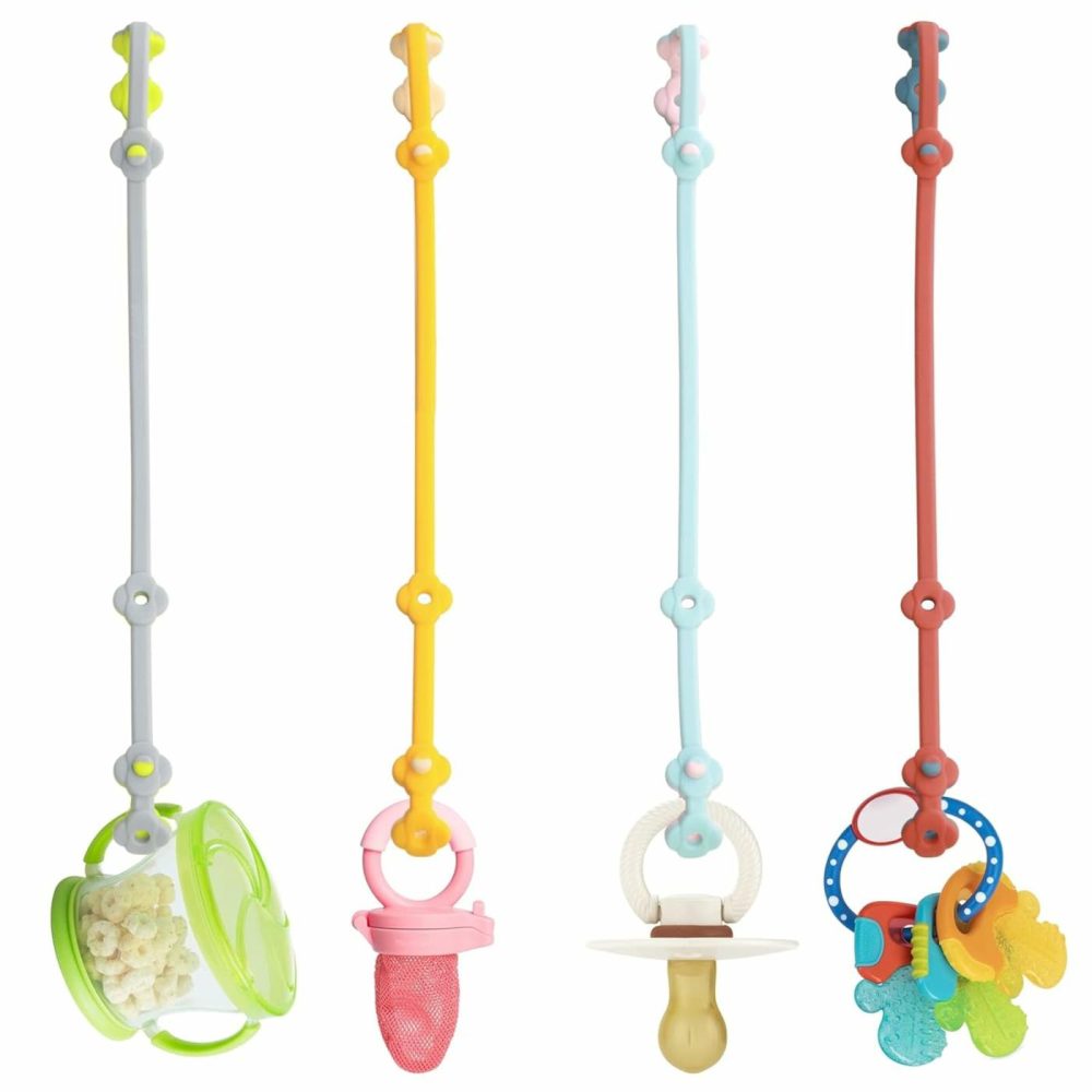 Toy Safety Straps 4Pk Stretchable Silicone Pacifier Clips Baby Toddler Teether Bottle Harness Straps For Strollers,High Chair,Shopping Cart,Cribs,Exersaucer  |  Teethers All Toys 4Color