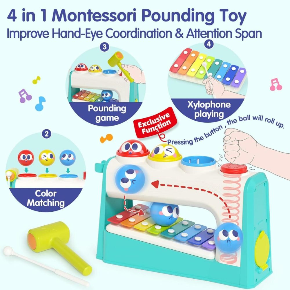 Toys For 1 Year Old Boy Birthday Gift- 4 In1 Musical Pounding Xylophone Toy  Montessori Toys For 1 Year Old Girl Gifts 2 Year Old Boy Toys Easter Basket Stuffers  |  Hammering & Pounding Toys All Toys Hammering & Pounding Toys