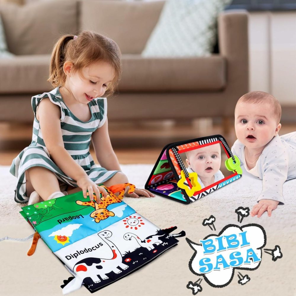 Tummy Time Baby Mirror Toys 0-6 6-12 Months High Contrast Infant Toys Brain Development With Crinkle Cloth Book And Teether – Montessori Newborn Sensory Toys For Babies Boys Girls Gifts  |  Mirrors All Toys Mirrors