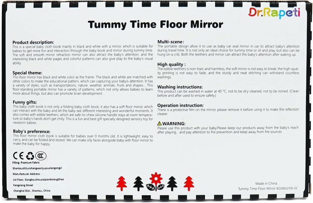 Tummy Time Floor Mirror For Baby Infant Toddler Kids Black And White High Contrast Baby Toy With Teethers Floor Activity Toy Washable Non-Toxic  |  Mirrors All Toys Floor Mirror