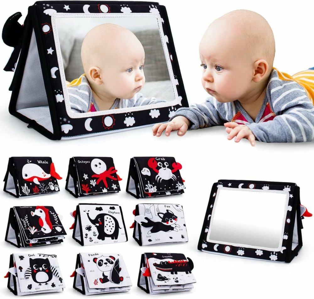 Tummy Time Mirror  Baby Tummy Time Toys With Soft Book  Black And White High Contrast Baby Toys  3D Activity Sensory Montessori Toys Crawling Mat  |  Mirrors All Toys Mirrors