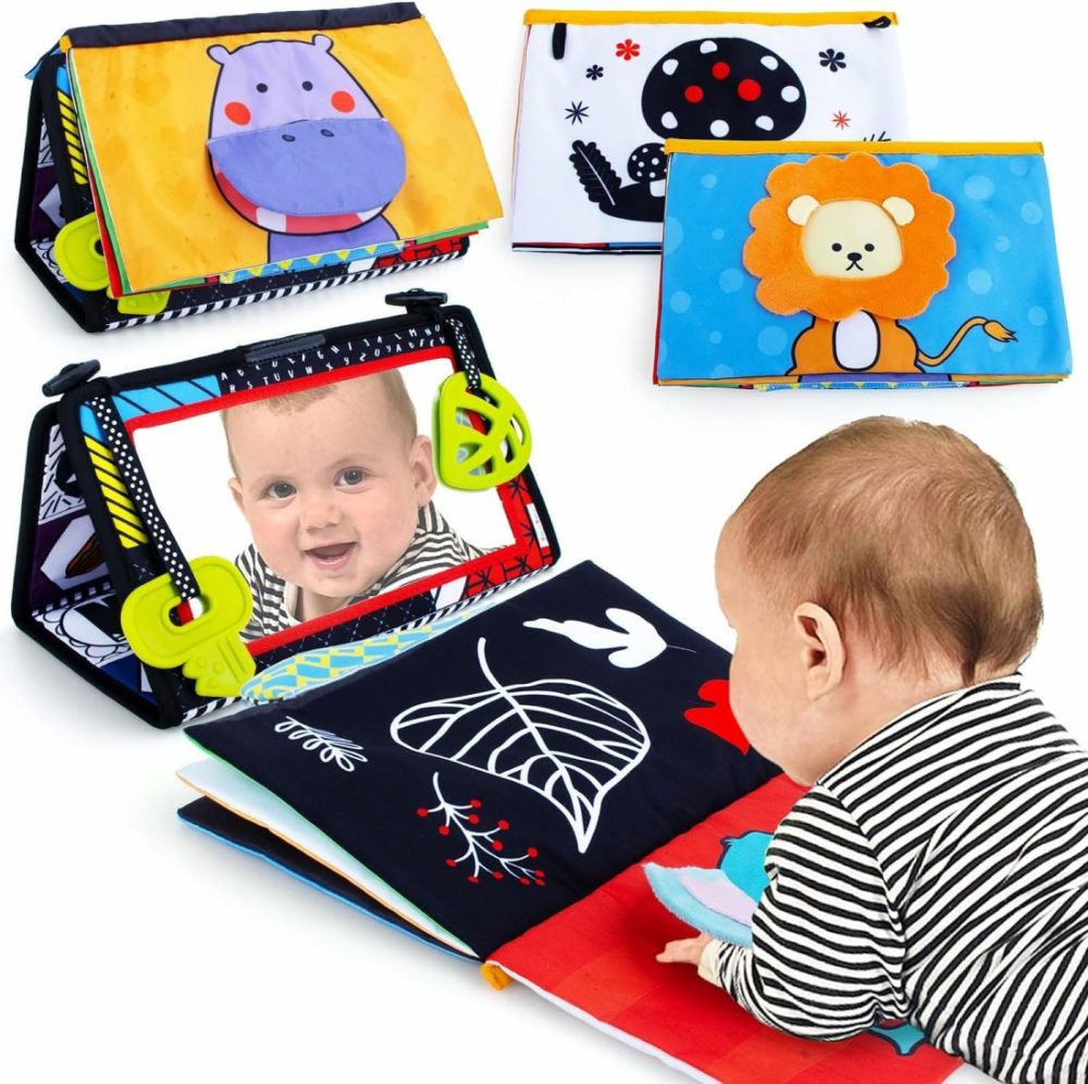 Tummy Time Mirror Newborn Toys Infant Toys 0-3 Months Brain Developmental Baby Mirror Tummy Time Toys With Cloth Book&Teethers,High Contrast Black And White Baby Toys 4 6 9 12 Month Sensory Toy  |  Mirrors All Toys Mirrors