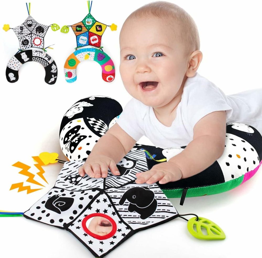 Tummy Time Pillow With Crinkle Mat & Teethers  Black And White High Contrast Baby Toys With Mirror  Montessori Sensory Crawling Toy For Infant Newborn Toddler Tummy Time Toys 0-6 Months Babies  |  Mirrors All Toys Mirrors