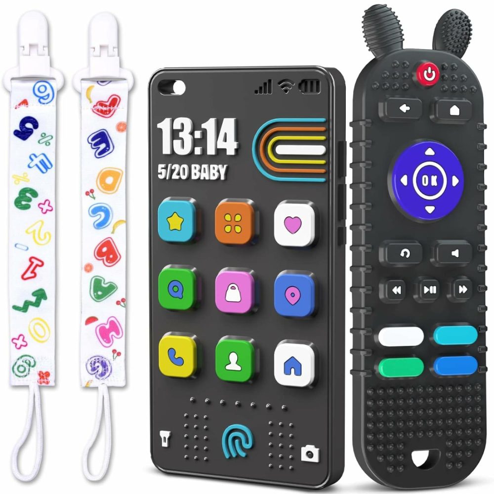 Tv Remote Control Shape Baby Teething Toys And Phone Shape Teether Toys For Babies 6-12 Months  Soft Flexible Silicone Chew Toys For Baby – Black  |  Teethers All Toys Black