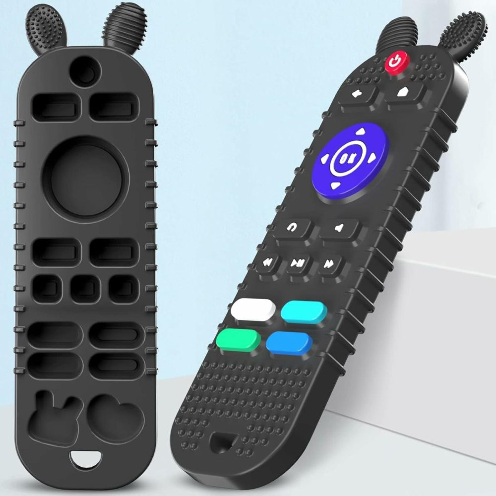 Tv Remote Control Shape Baby Teething Toys And Phone Shape Teether Toys For Babies 6-12 Months  Soft Flexible Silicone Chew Toys For Baby – Black  |  Teethers All Toys Black