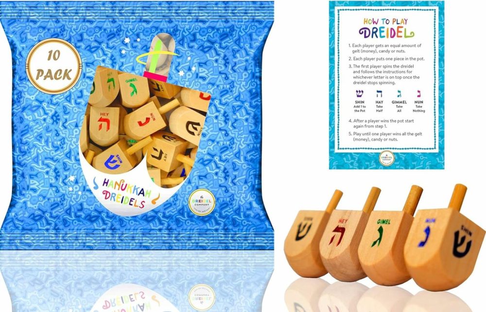 Wood Dreidels Hanukkah Draydel With English Transliteration & Instruction Cards (10-Pack)  |  Spinning Tops All Toys Spinning Tops