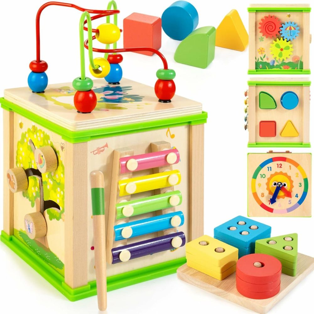 Wooden 7-In-1 Activity Cube| Montessori Toys For 1 2 3 Year Old Toddlers| Baby Educational Developmental Toys |One Year Old Boys Girls First Birthday Gifts |Bonus Sorting & Stacking Board  |  Activity Cubes Activity Cubes Activity Cubes