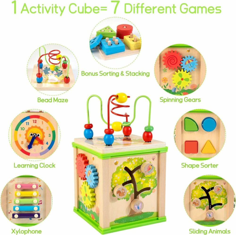 Wooden 7-In-1 Activity Cube| Montessori Toys For 1 2 3 Year Old Toddlers| Baby Educational Developmental Toys |One Year Old Boys Girls First Birthday Gifts |Bonus Sorting & Stacking Board  |  Activity Cubes Activity Cubes Activity Cubes