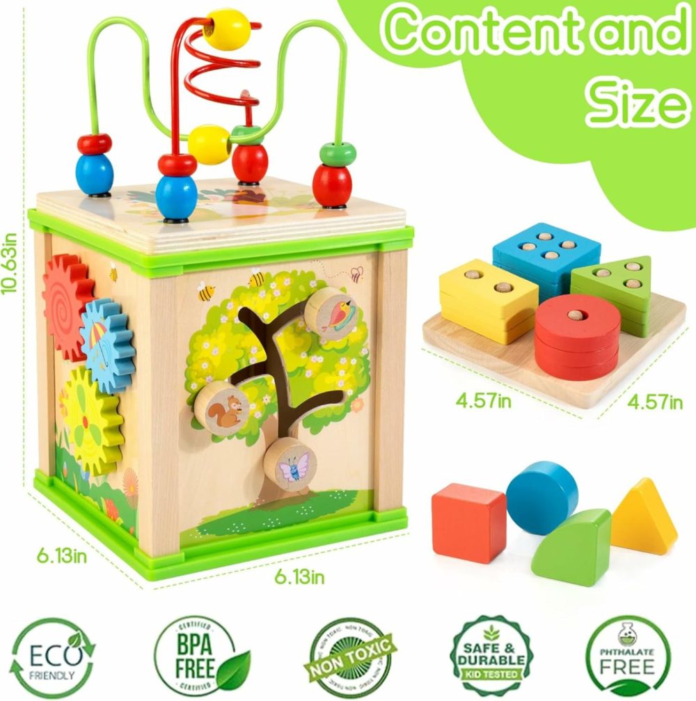 Wooden 7-In-1 Activity Cube| Montessori Toys For 1 2 3 Year Old Toddlers| Baby Educational Developmental Toys |One Year Old Boys Girls First Birthday Gifts |Bonus Sorting & Stacking Board  |  Activity Cubes Activity Cubes Activity Cubes