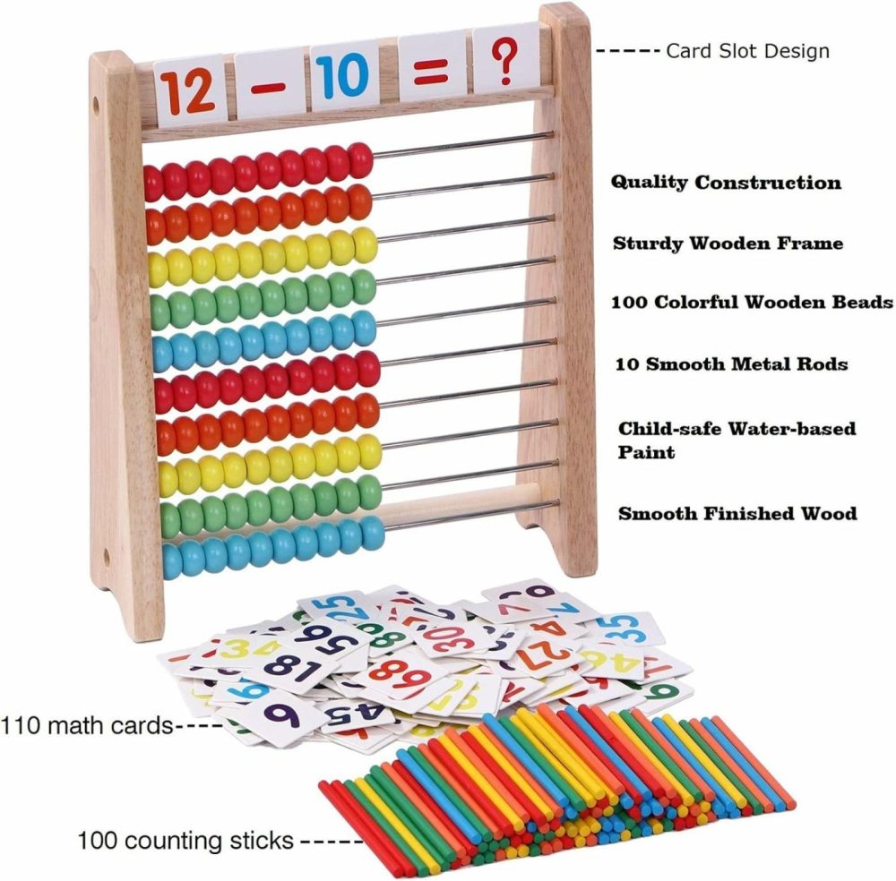 Wooden Abacus For Kids Math With 100 Counting Sticks And Number Toys Cards 1-100  Educational Math Games Preschool Learning Toys  Math Manipulatives For Elementary 1St 2Nd Grade  |  Abacuses Abacuses Abacuses