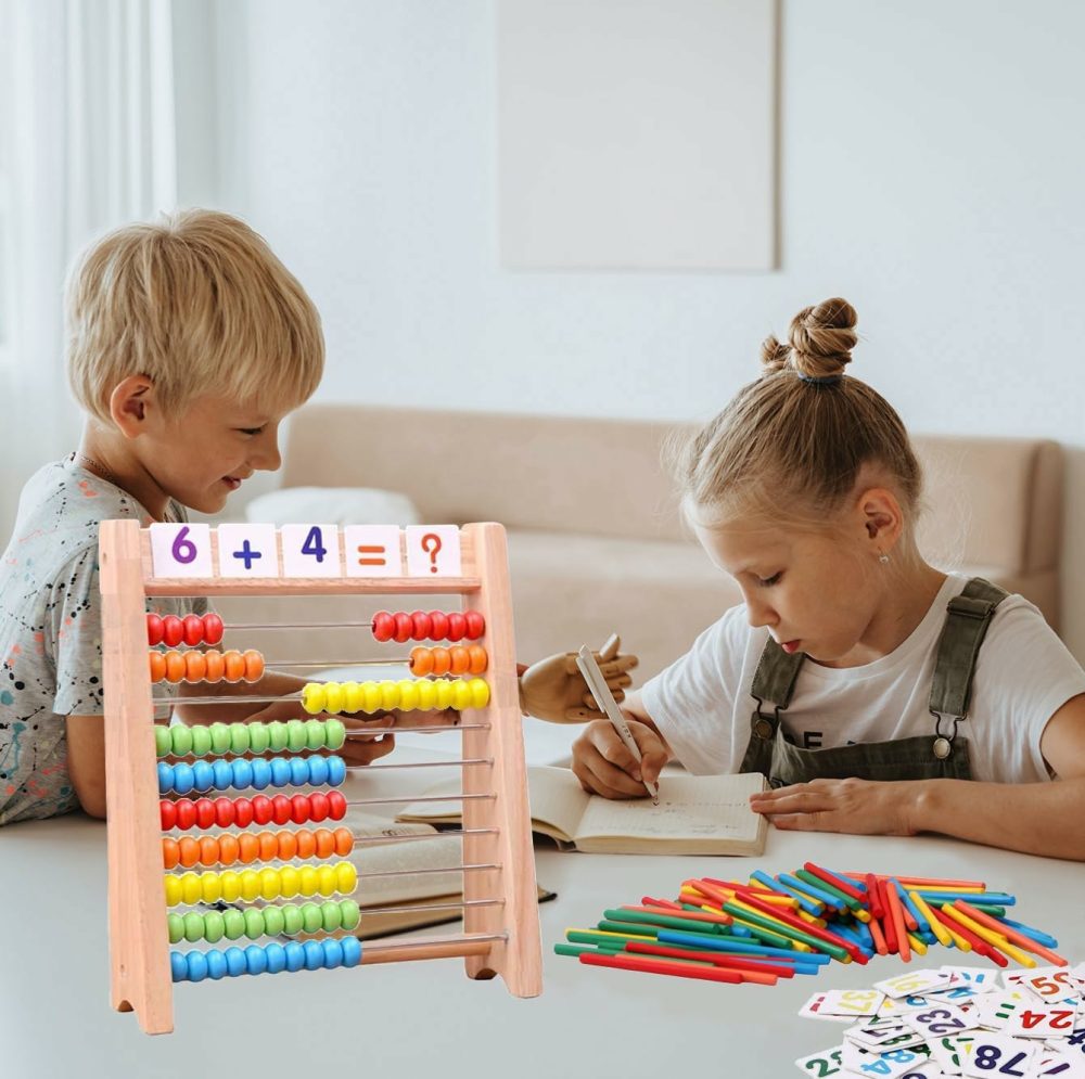 Wooden Abacus For Kids Math With 100 Counting Sticks And Number Toys Cards 1-100  Educational Math Games Preschool Learning Toys  Math Manipulatives For Elementary 1St 2Nd Grade  |  Abacuses Abacuses Abacuses