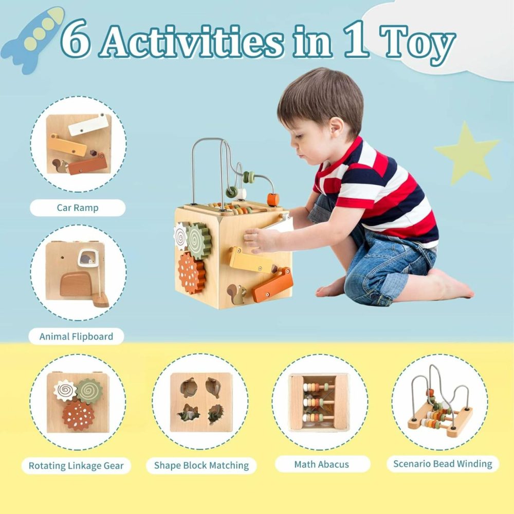 Wooden Activity Busy Cube Montessori Toys For 1 Year Old  6-In-1 Baby Development Toys  Sensory Shape Sorter Blocks  Early Educational Toys  Toddler Boys Girls First Birthday Gift  |  Activity Cubes Activity Cubes Activity Cubes