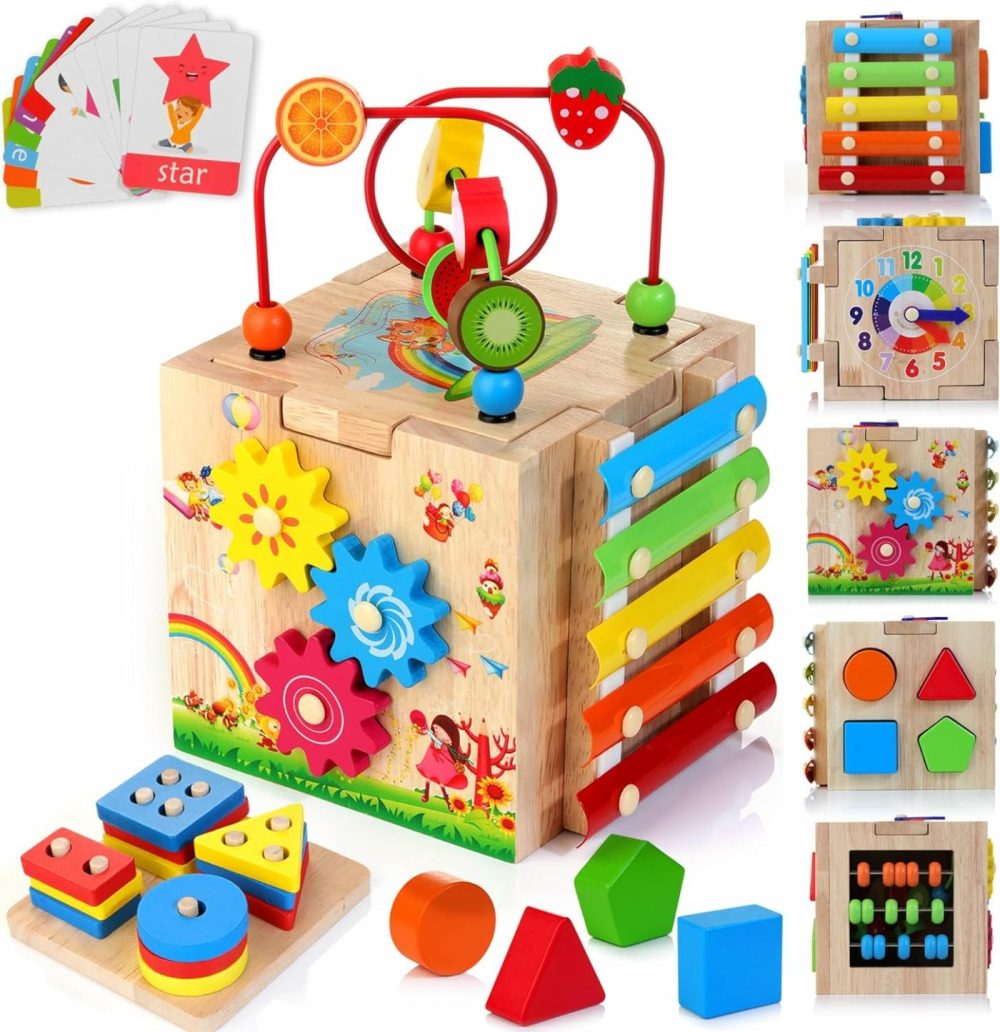 Wooden Activity Cube  8-In-1 Montessori Toys For 1+ Year Old Boys & Girls  Educational Learning Toys For Toddlers Age 1-2  First Birthday Gift | Bonus Sorting & Stacking Board And Word Cards  |  Activity Cubes Activity Cubes Activity Cubes