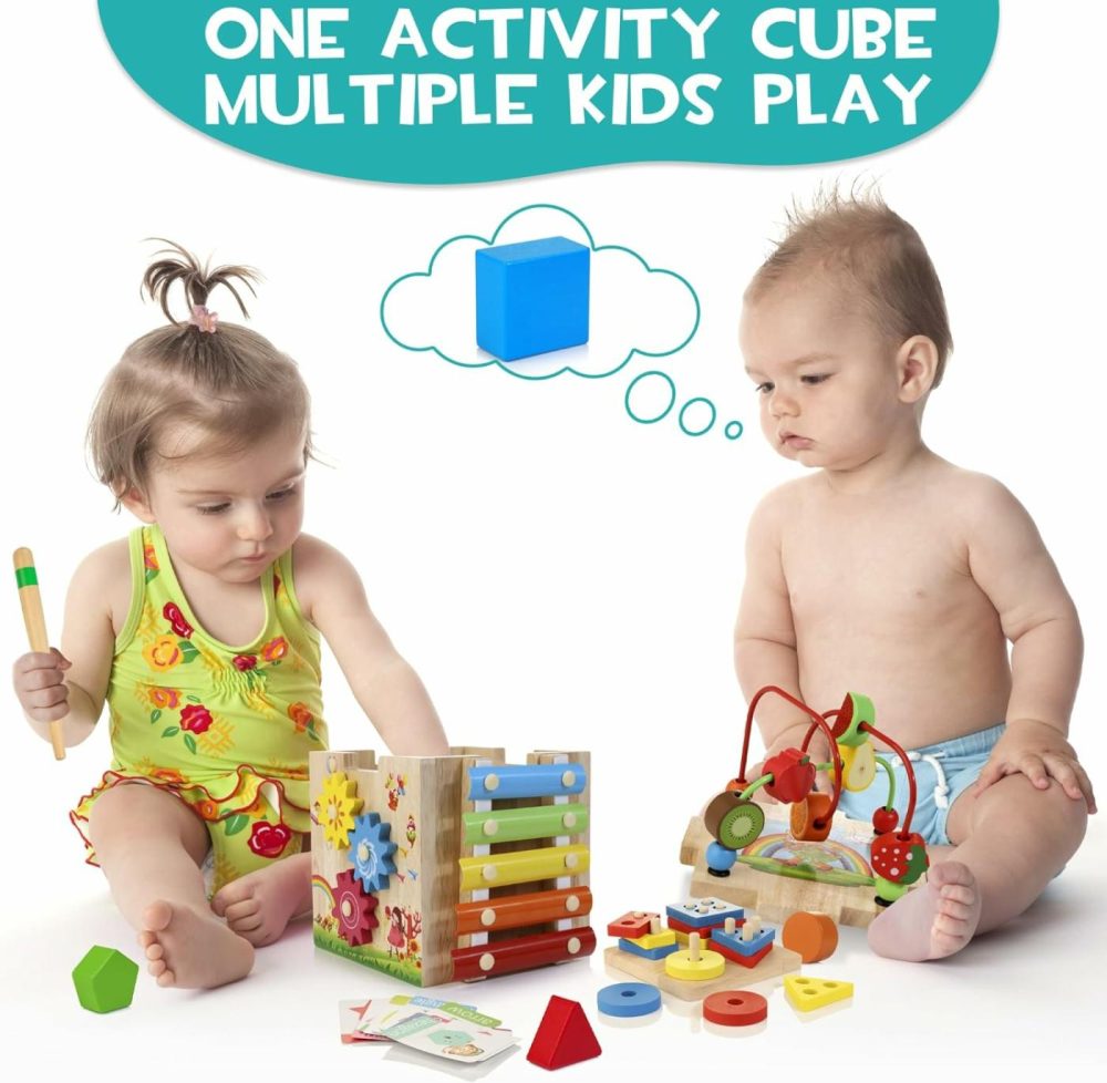 Wooden Activity Cube  8-In-1 Montessori Toys For 1+ Year Old Boys & Girls  Educational Learning Toys For Toddlers Age 1-2  First Birthday Gift | Bonus Sorting & Stacking Board And Word Cards  |  Activity Cubes Activity Cubes Activity Cubes