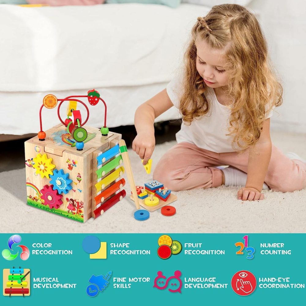 Wooden Activity Cube  8-In-1 Montessori Toys For 1+ Year Old Boys & Girls  Educational Learning Toys For Toddlers Age 1-2  First Birthday Gift | Bonus Sorting & Stacking Board And Word Cards  |  Activity Cubes Activity Cubes Activity Cubes