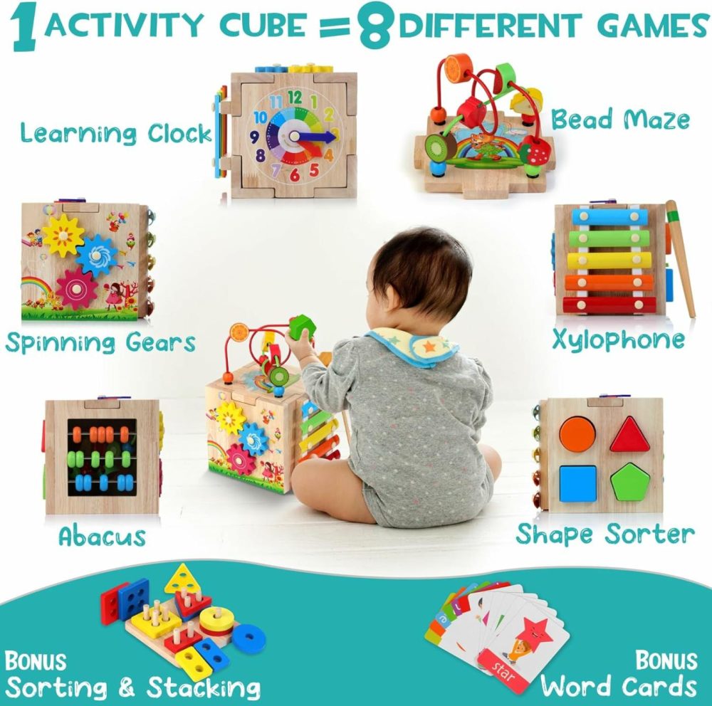 Wooden Activity Cube  8-In-1 Montessori Toys For 1+ Year Old Boys & Girls  Educational Learning Toys For Toddlers Age 1-2  First Birthday Gift | Bonus Sorting & Stacking Board And Word Cards  |  Activity Cubes Activity Cubes Activity Cubes