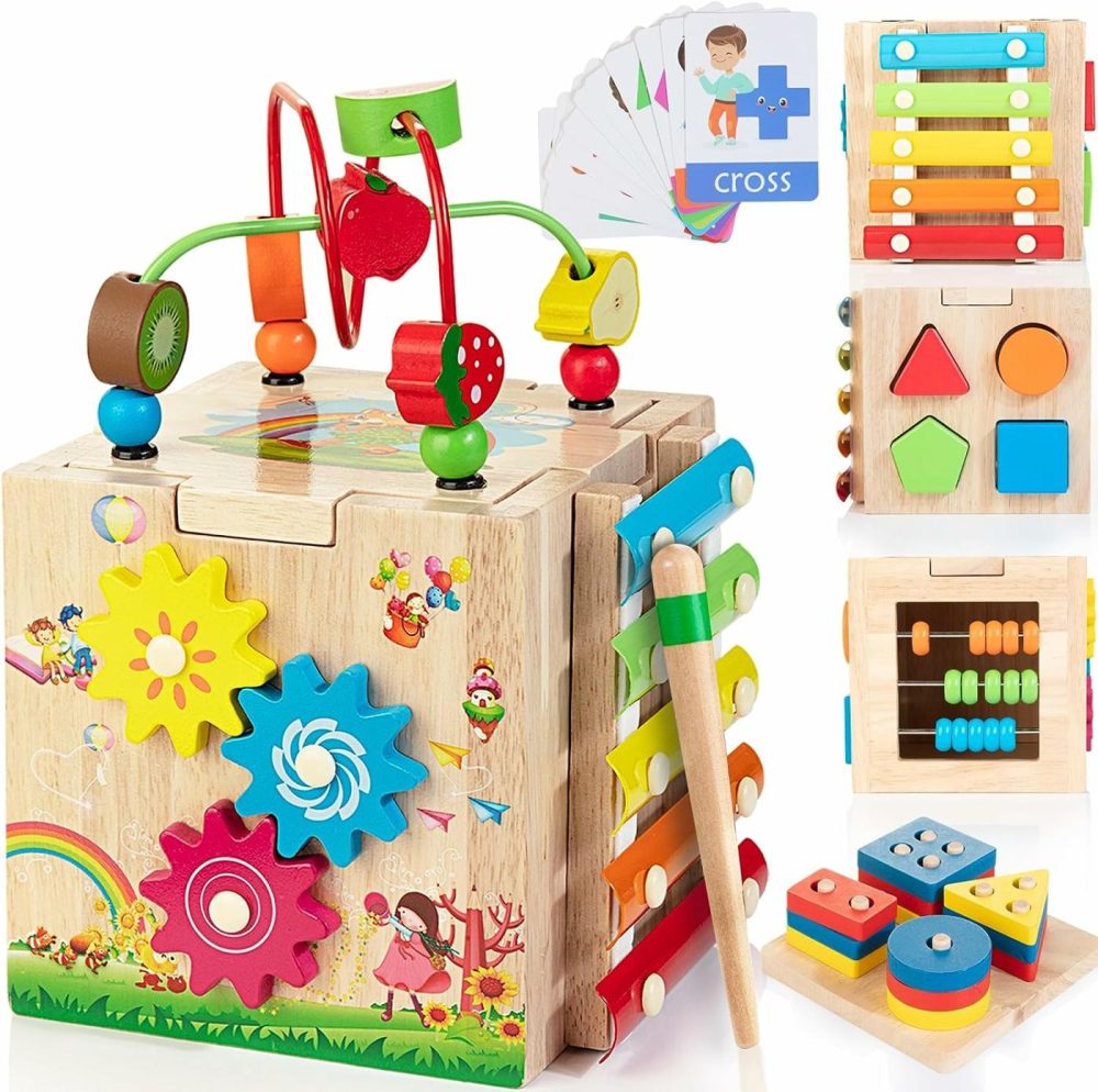 Wooden Activity Cube | 8-In-1 Montessori Toys For 1+ Year Old  First Birthday Gifts For Boys And Girls  Educational Learning Baby Toy Set With Bonus Sorting & Stacking Board  |  Activity Cubes Activity Cubes Activity Cubes