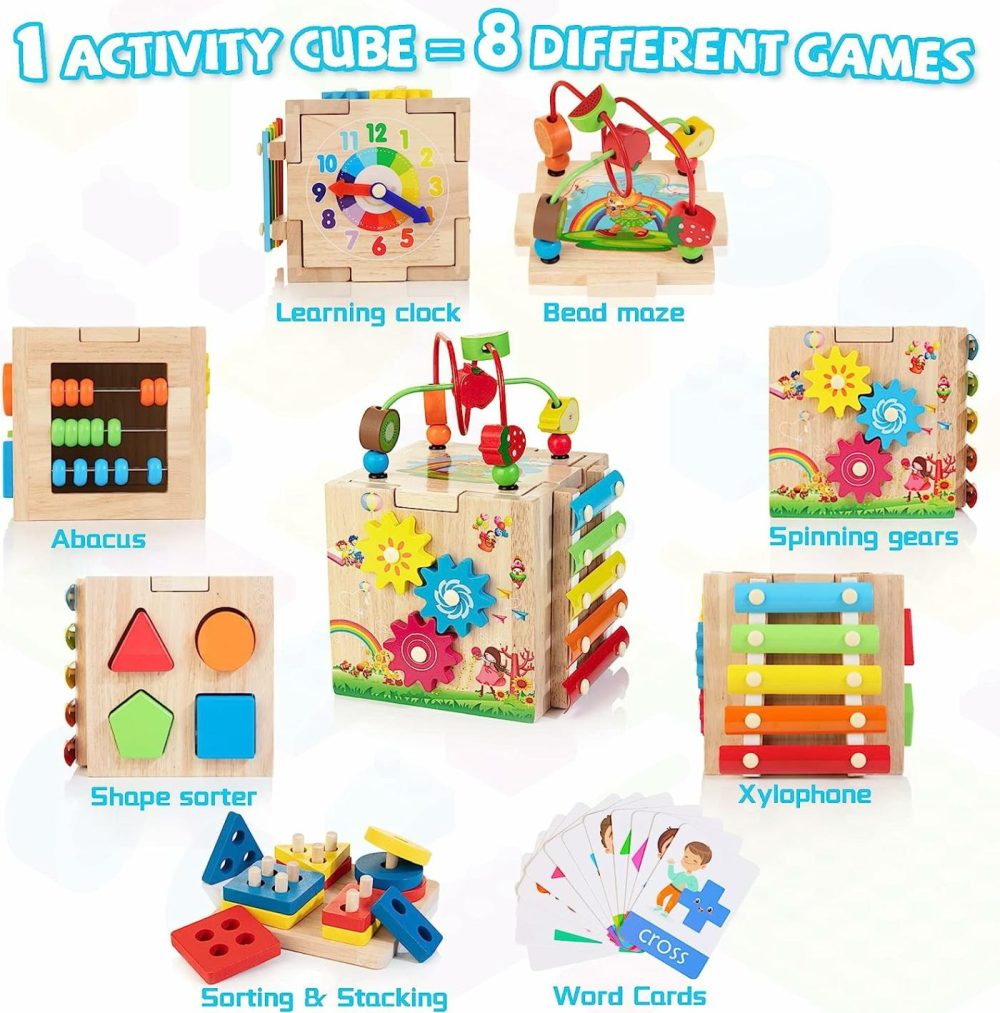 Wooden Activity Cube | 8-In-1 Montessori Toys For 1+ Year Old  First Birthday Gifts For Boys And Girls  Educational Learning Baby Toy Set With Bonus Sorting & Stacking Board  |  Activity Cubes Activity Cubes Activity Cubes