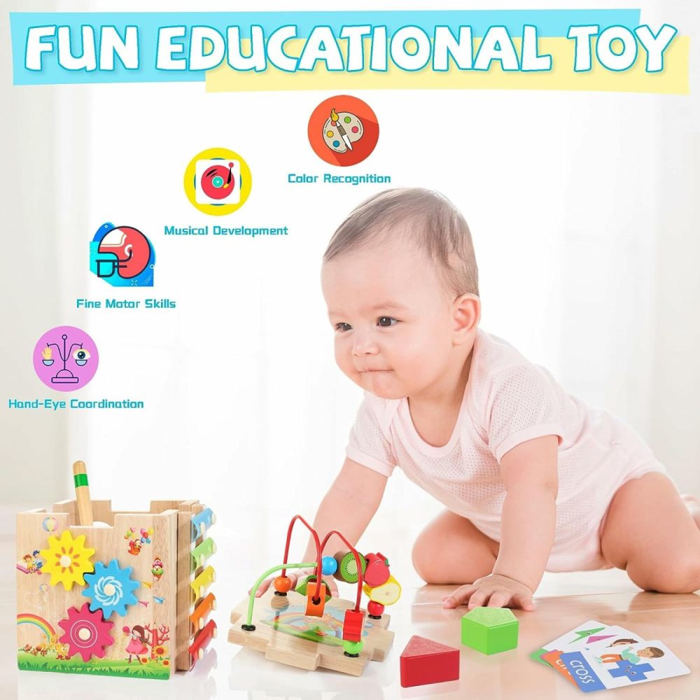 Wooden Activity Cube | 8-In-1 Montessori Toys For 1+ Year Old  First Birthday Gifts For Boys And Girls  Educational Learning Baby Toy Set With Bonus Sorting & Stacking Board  |  Activity Cubes Activity Cubes Activity Cubes