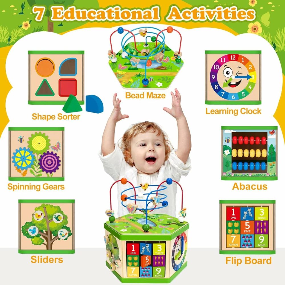 Wooden Activity Cube For 1 Year Old  12-18 Month Boys & Girls  7-In-1 Stem Montessori Early Developmental Learning Toys For Kids Aged 1-2  Ideal 1St Birthday Gift Toys For Baby  Toddlers (Green)  |  Activity Cubes Activity Cubes Activity Cubes