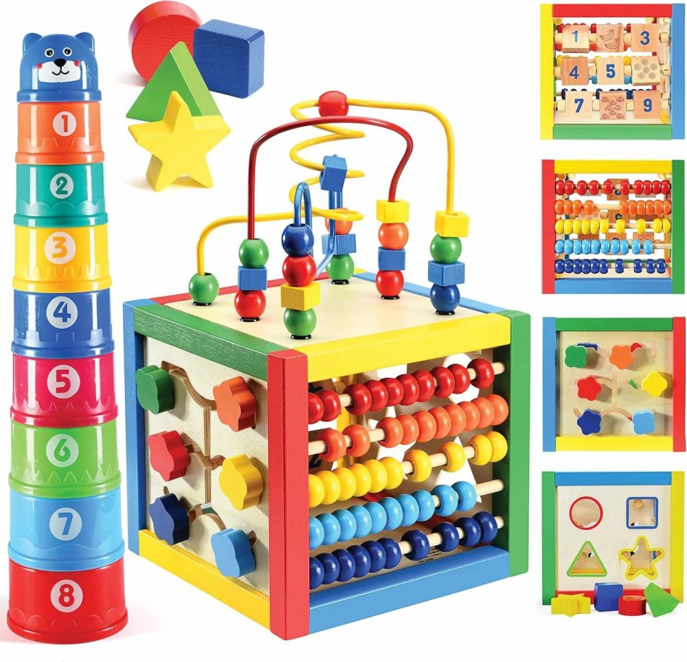 Wooden Activity Cube For Baby – 6 In-1 Baby Activity Play Cube With Bead Maze  Shape Sorter  Abacus Counting Beads  Counting Numbers  Sliding Shapes  Removable Bead Maze  8Pcs Stacking Cups –  |  Activity Cubes Activity Cubes Activity Cubes