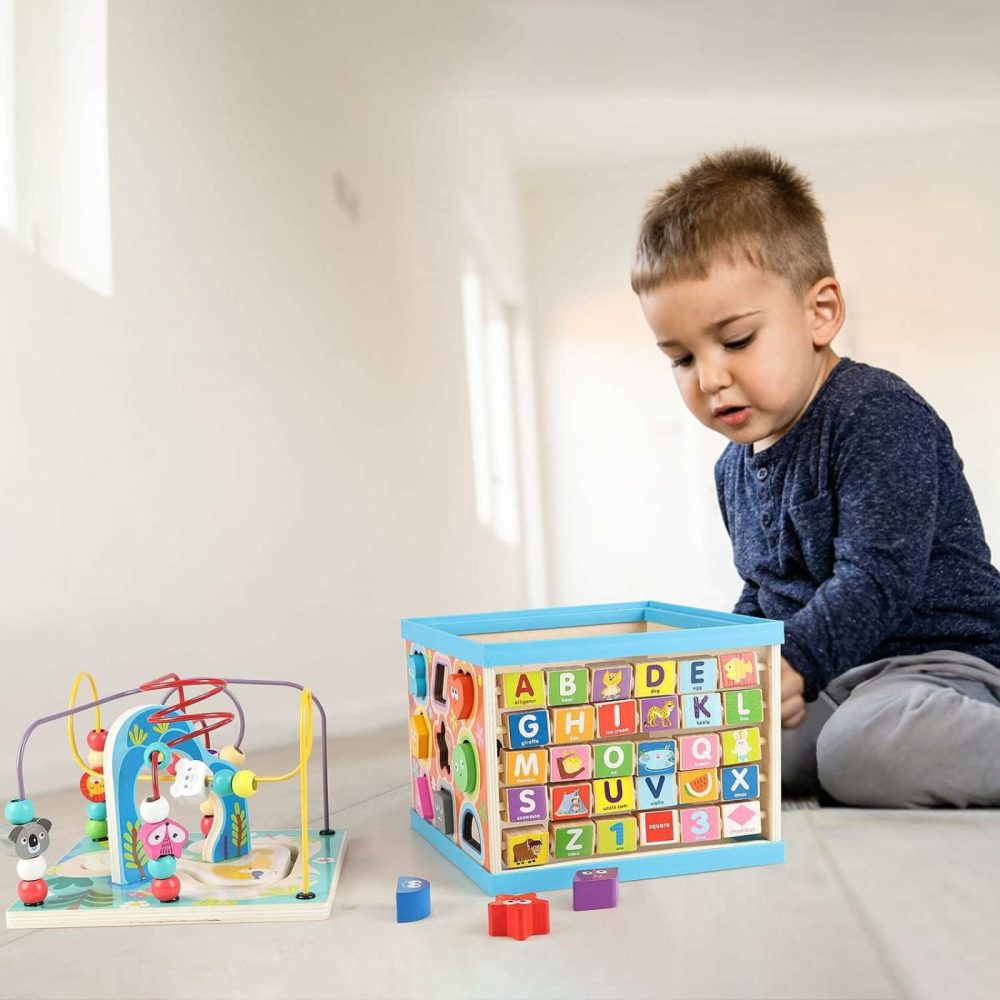 Wooden Activity Cube For Toddlers 1-3  5 In 1 Multipurpose Abc-123 Abacus Early Educational Montessori Toys  Learning Toys For 1 2 3 Year Old | Bead Maze  Great For Boys Girls Toddlers  |  Activity Cubes Activity Cubes Activity Cubes