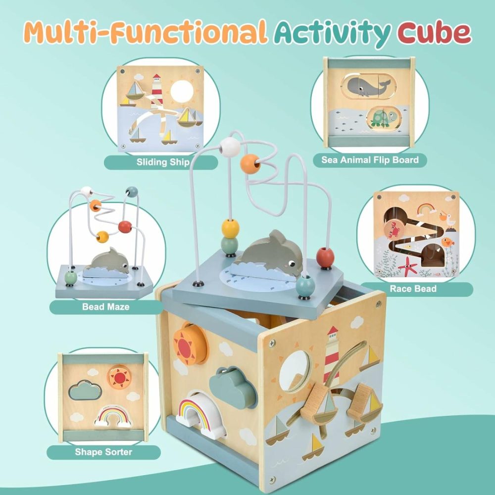 Wooden Activity Cube For Toddlers 1-3  5 In 1 Ocean Animal Shape Sorter Bead Maze Montessori Toys Baby 6-12 Months Educational Learning Toys For 1 Year Old Boy Girl Birthday Gift  |  Activity Cubes Activity Cubes Activity Cubes