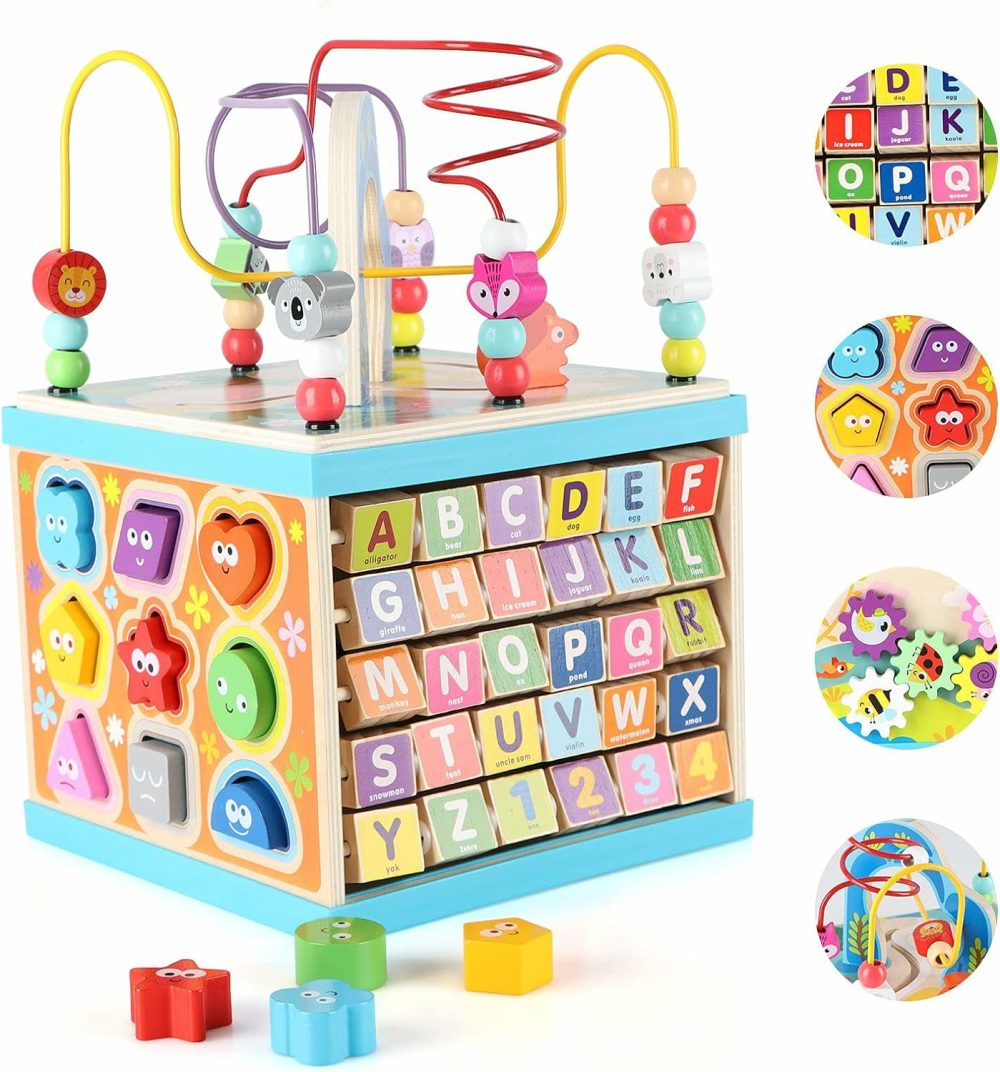 Wooden Activity Cube For Toddlers 1-3 (Large)  5 In 1 Multipurpose Abc-123 Abacus Bead Maze Shape Sorter | Early Educational Toy For Toddlers – First Birthday Present For Boys Girls  |  Activity Cubes Activity Cubes Activity Cubes