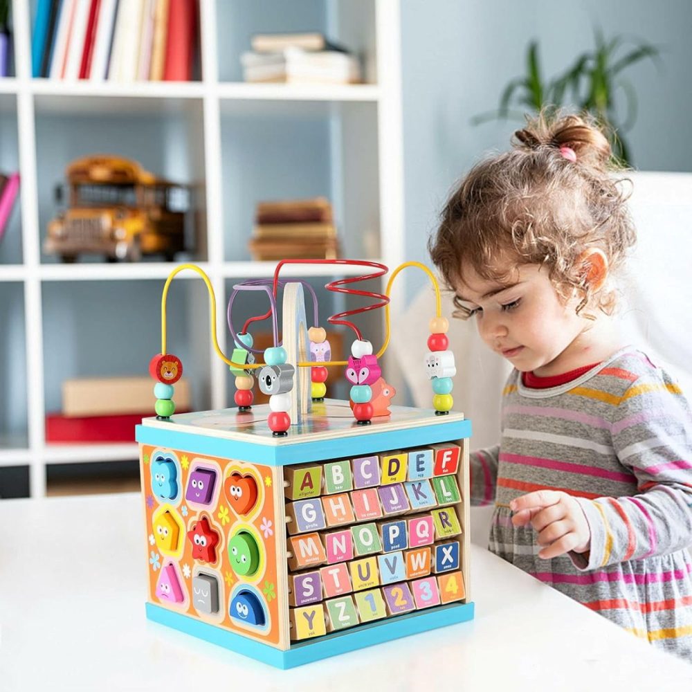 Wooden Activity Cube For Toddlers 1-3 (Large)  5 In 1 Multipurpose Abc-123 Abacus Bead Maze Shape Sorter | Early Educational Toy For Toddlers – First Birthday Present For Boys Girls  |  Activity Cubes Activity Cubes Activity Cubes